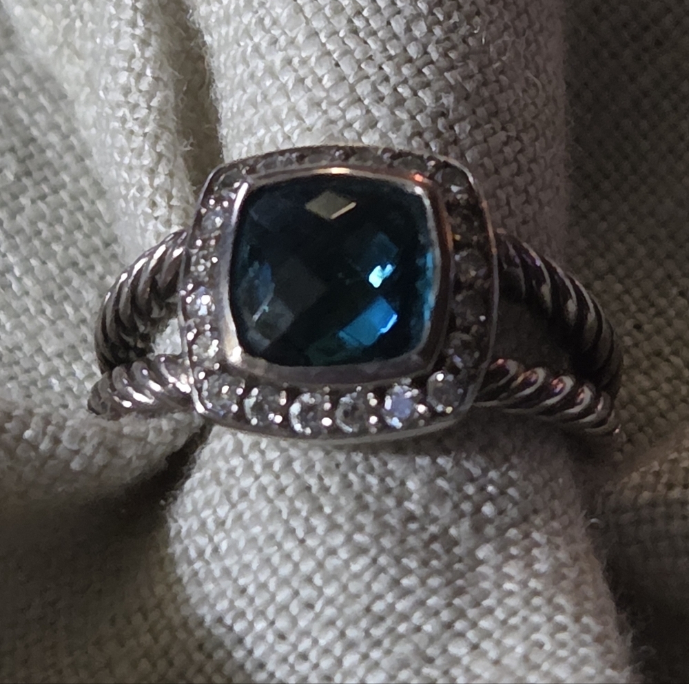 David Yurman Petite Albion Ring in Blue Topaz & Diamonds, SS, Size 5.25